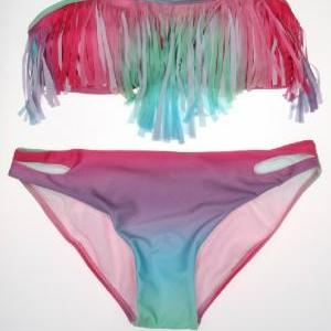 Pink Gradient Color Tassel 2 Pcs Set Swimsuit