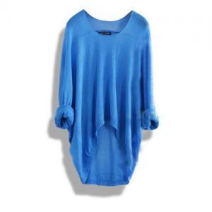 Blue Batwing Casual Loose Asymmetric Sweater..