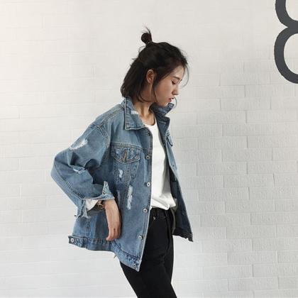 Distressed Denim Jacket With Long Sleeves And..