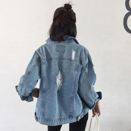 Distressed Denim Jacket With Long Sleeves And..