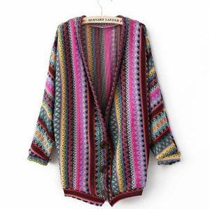 Folk Style Retro Color Mix Stripe Knit Cardigan