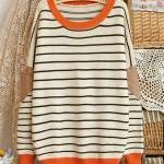Bat Sleeve Matching Color Round Neck Loose Striped..