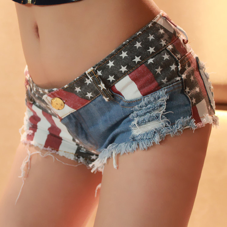 Sexy Nightclub Spice Modern Flag Splicing Low-rise Jeans Shorts