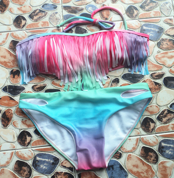 Pink Gradient Color Tassel 2 Pcs Set Swimsuit