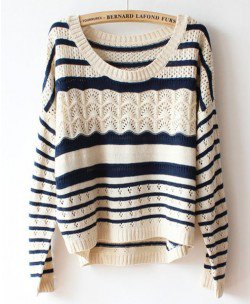 Deep Blue Loose Hollow Stripe Sweater