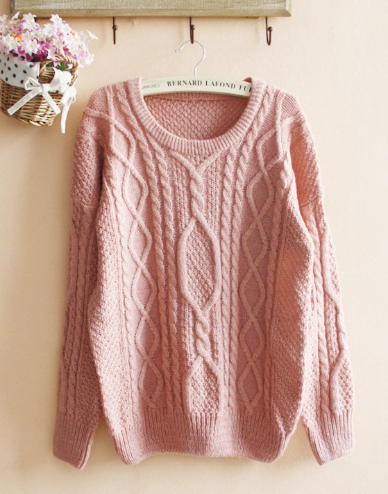 Pink Loose Hemp Flowers Retro Sweater on Luulla