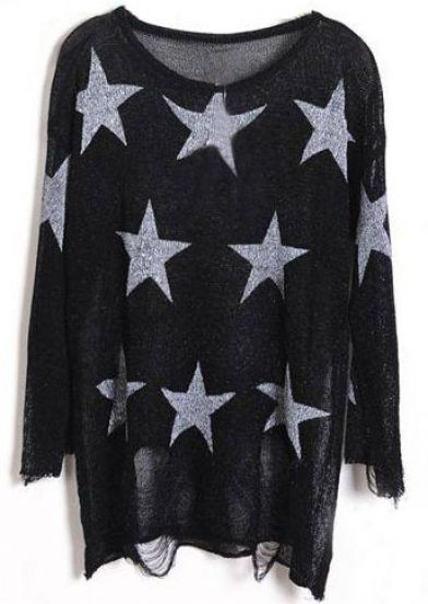 Black Star Print Long Sleeve Ripped Distressed Jumper Sweater on Luulla