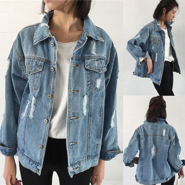 Distressed Denim Jacket With Long Sleeves And Front Pockets