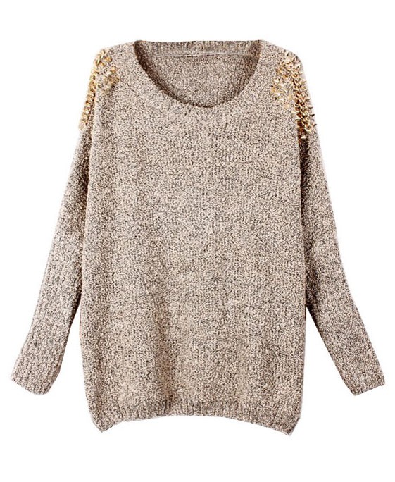 Apricot Batwing Sleeves Pullover With Rivets Shoulder Sweater