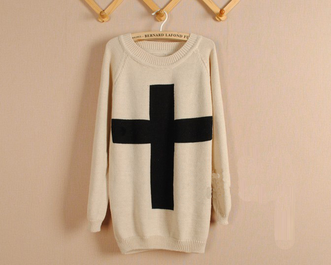 Beige Cross Long Sleeve Sweater