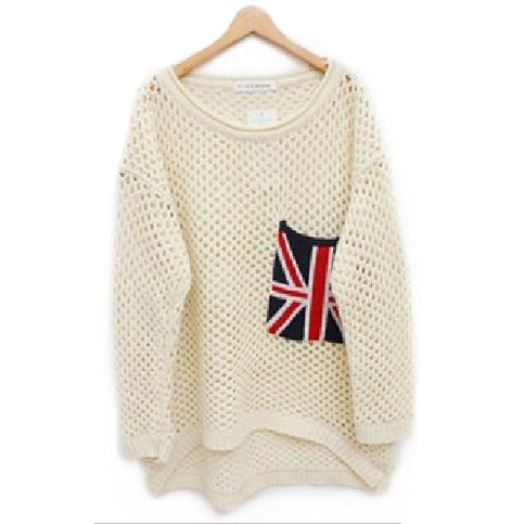 Beige Cut Loose Flag Long Sleeve Pullover Sweater