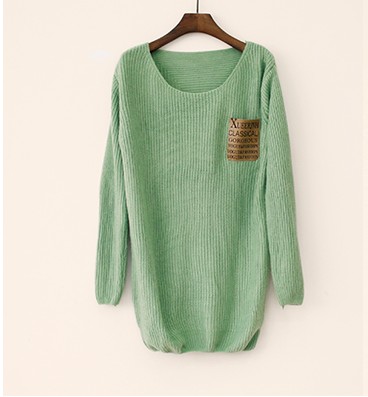 Light Green Patchwork Leather Alphabet Pocket Loose Sweater