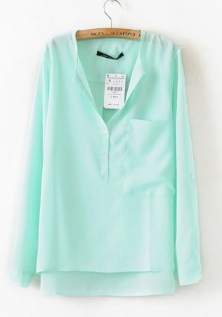 Green Collarless Long Sleeve Dipped Hem Blouse With Front Pocket
