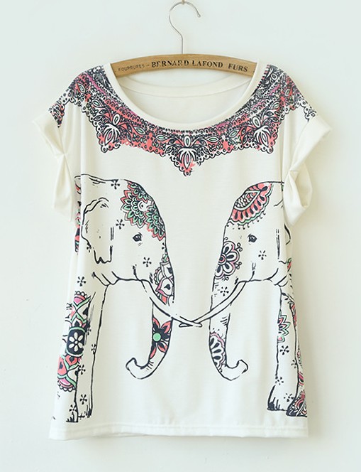 Symmetric Elephant Print Curling Short-sleeved Cotton T-shirt on Luulla