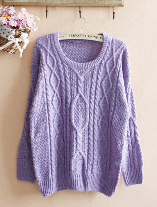 Purple Loose Hemp Flowers Retro Sweater on Luulla