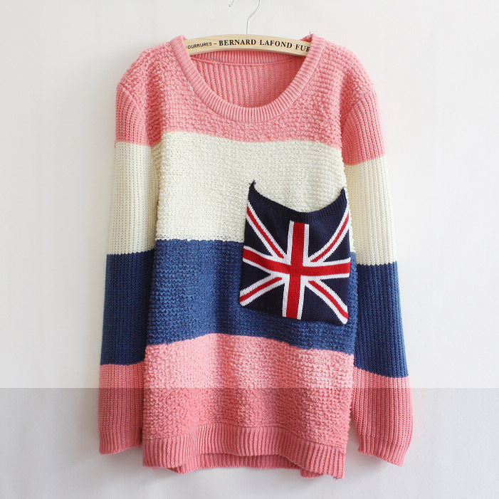 Pink Beige Striped Flag Large Pocket Sweater on Luulla